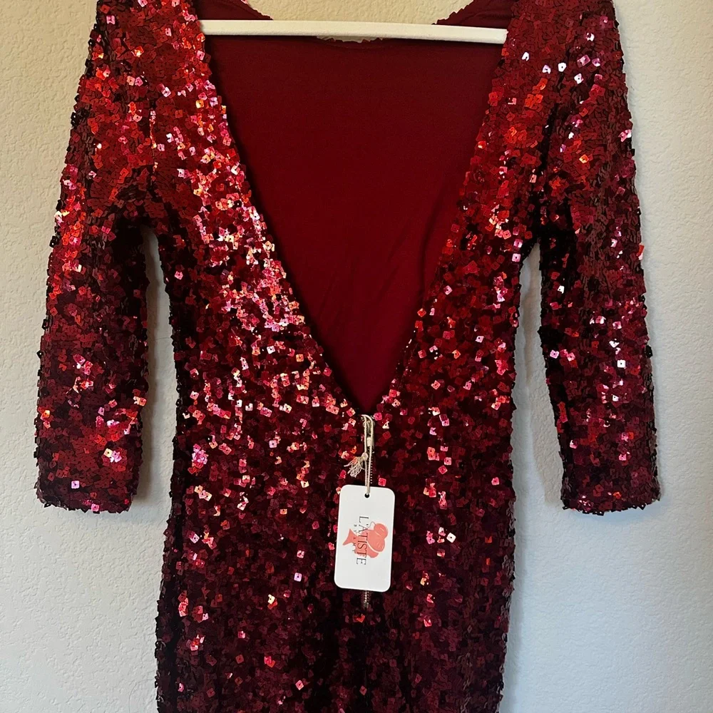 NWT Red Long Mermaid Sequin Dress with Open Back - Picture 4 of 5